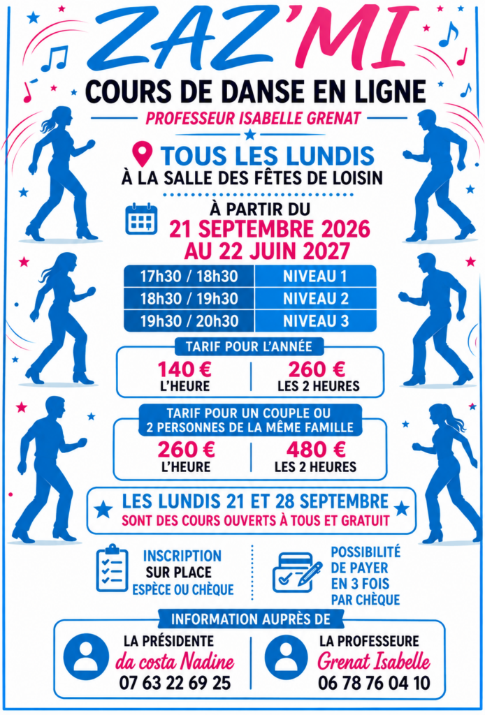 Affiche Zaz'Mi : cours de danse en ligne tous les lundis à la salle des fêtes de Loisin, du 21 septembre 2026 au 22 juin 2027