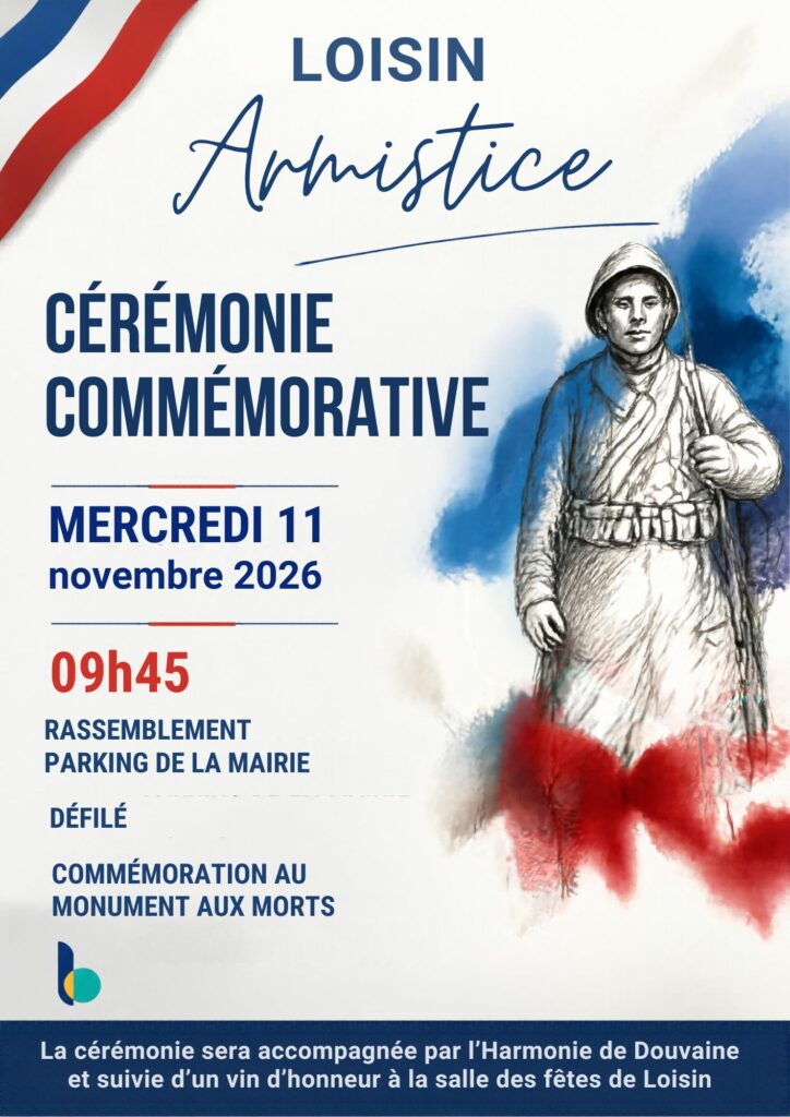 Affiche de la cérémonie commémorative de l’Armistice le mercredi 11 novembre 2026 à 9 h 45 à Loisin