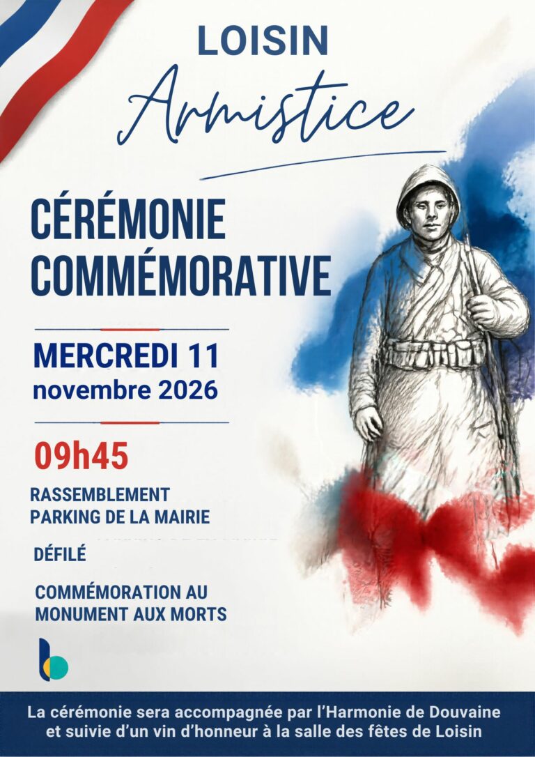 Affiche de la cérémonie commémorative de l’Armistice le mercredi 11 novembre 2026 à 9 h 45 à Loisin