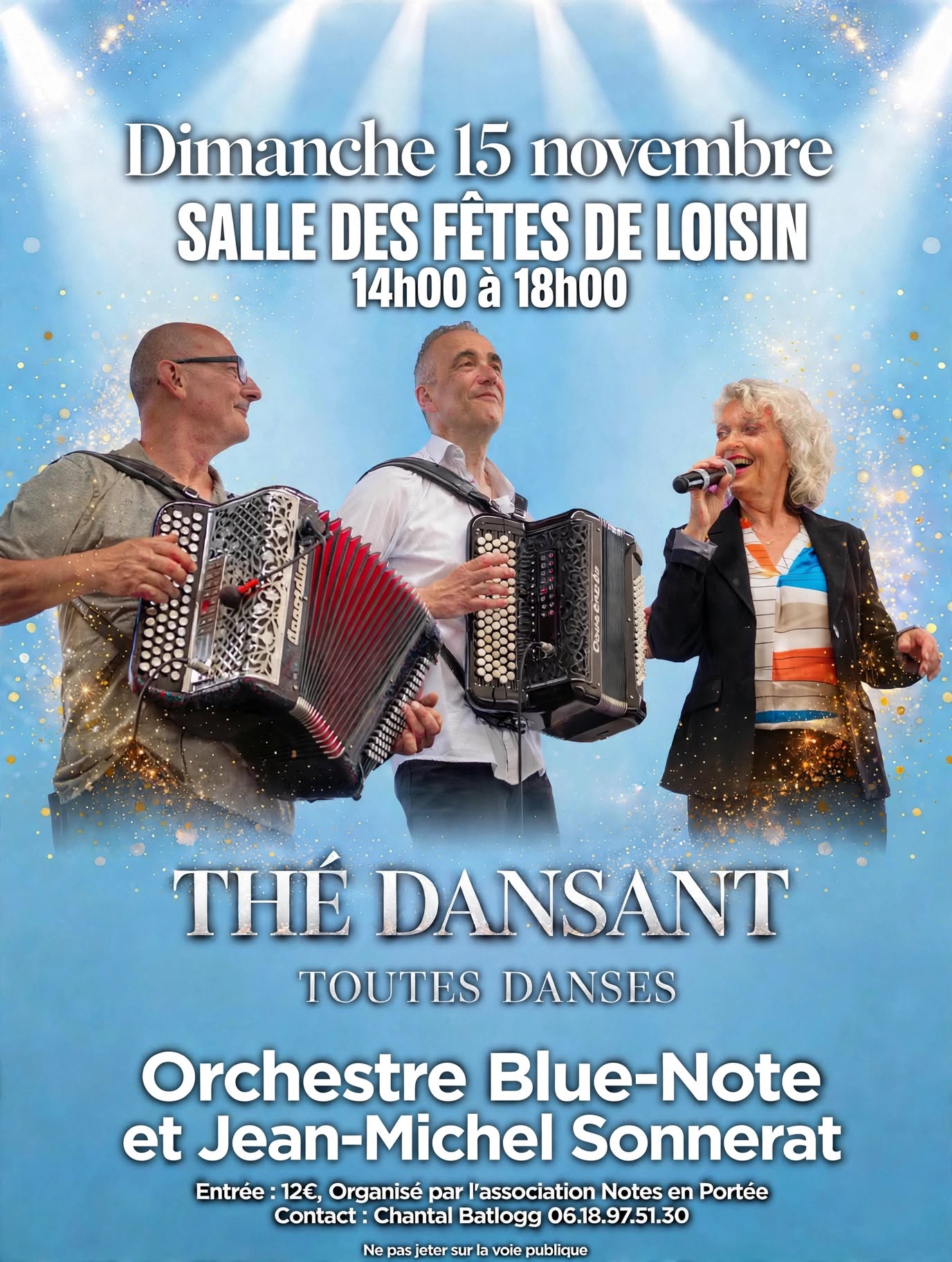 Affiche du thé dansant toutes danses avec l’orchestre Blue-Note et Jean-Michel Sonnerat, dimanche 15 novembre 2026 de 14 h à 18 h, salle des fêtes de Loisin
