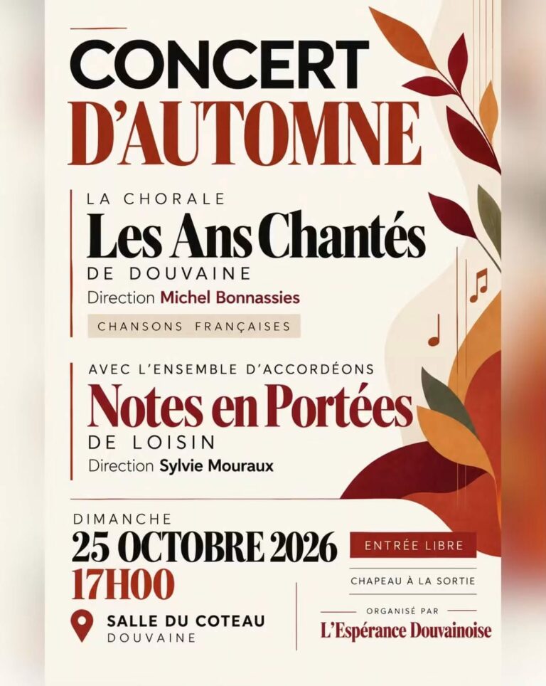 Affiche du concert d’automne de la chorale Les Ans Chantés et de l’ensemble d’accordéons Notes en Portées, dimanche 25 octobre 2026 à 17 h, salle du Coteau à Douvaine