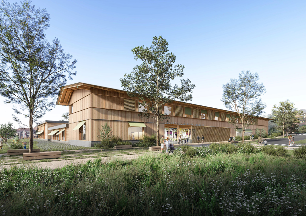Perspective du futur groupe scolaire des Mogets, façade en bois entourée d’arbres et d’espaces verts