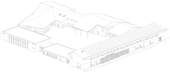Vue axonométrique de l’ensemble scolaire avec l’extension et ses panneaux solaires en toiture