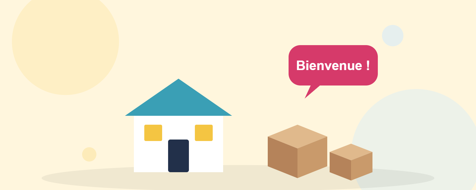 Maison, cartons de déménagement et bulle « Bienvenue ! »
