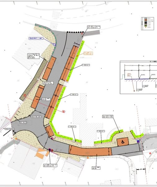 Plan d’aménagement de la place de l’église : cheminements piétons, places de stationnement et espaces verts