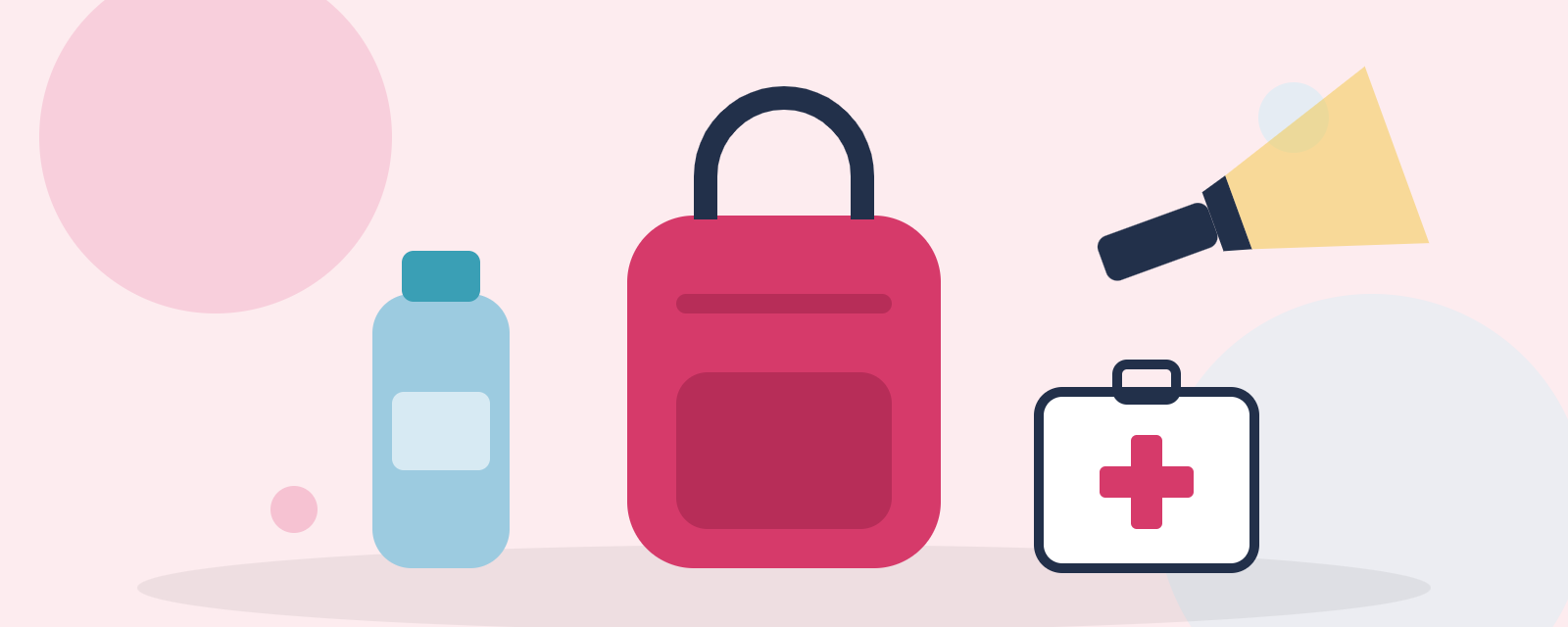 Sac à dos, bouteille d’eau, lampe et trousse de secours