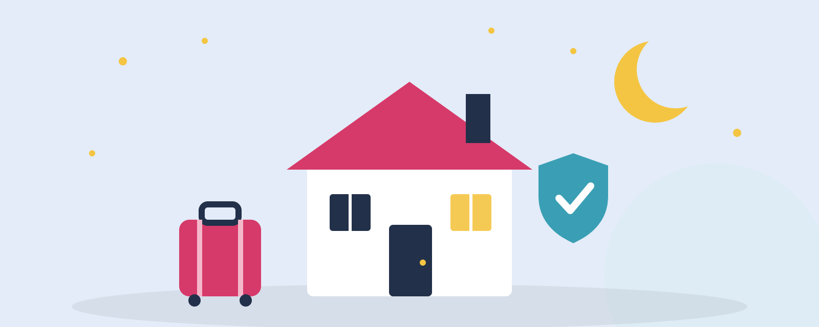 Maison la nuit, valise et bouclier de protection