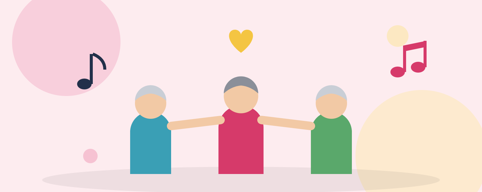 Trois seniors se tenant la main, notes de musique